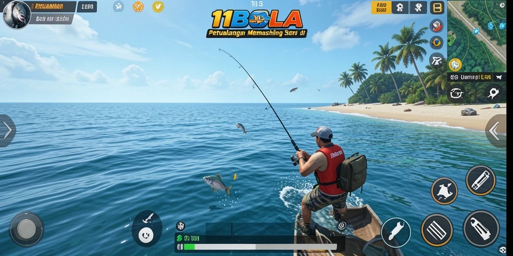 Screenshot gameplay 11BOLA menampilkan aksi memancing di laut yang mendebarkan.
