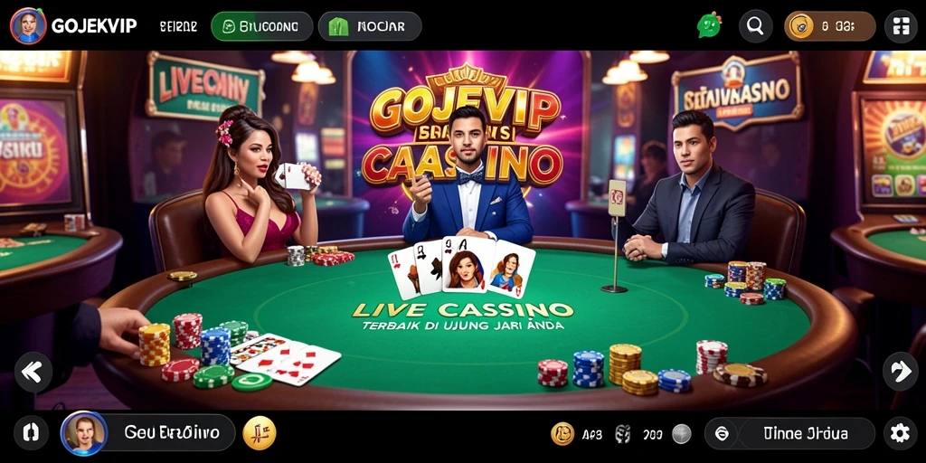 Screenshot gameplay GOJEKVIP menampilkan dealer langsung dan suasana kasino nyata.
