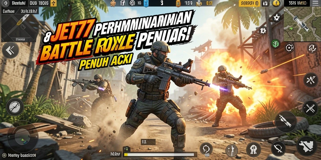 Screenshot gameplay JET77 menampilkan aksi Battle Royale yang seru.